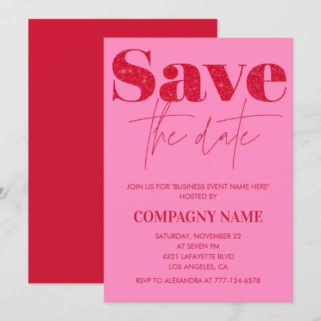 Convite para festa de negócios rosa Salve a data (Frente/Verso)