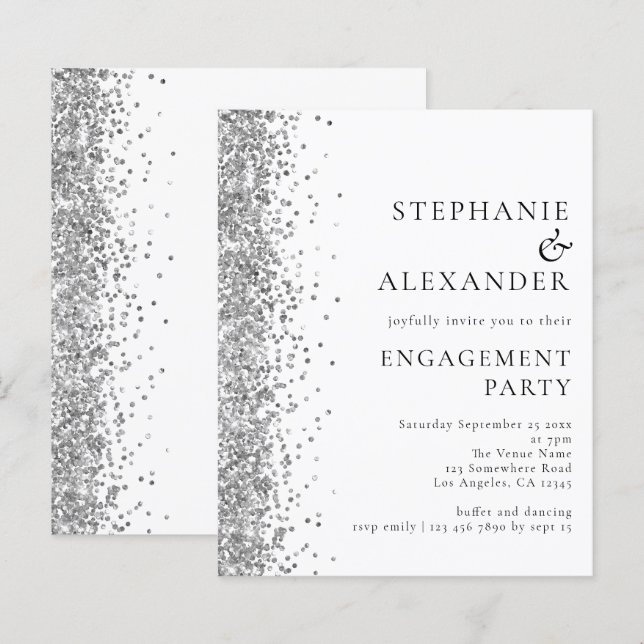 Convite para Festa de noivado de Glitter de Prata  (Frente/Verso)