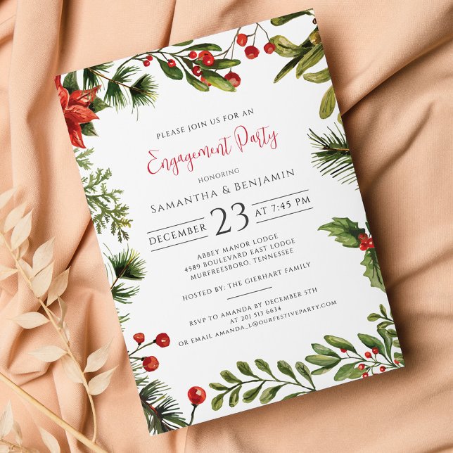 Convite para Festa de noivado de Natal Greenery (Christmas Engagement Party Botanical Greenery Berries Invitation)