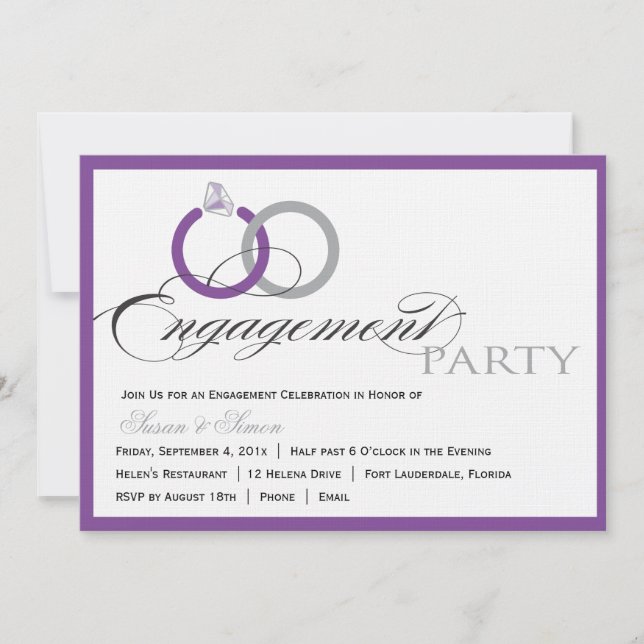 Convite para Festa de noivado de Script Roxo (Frente)