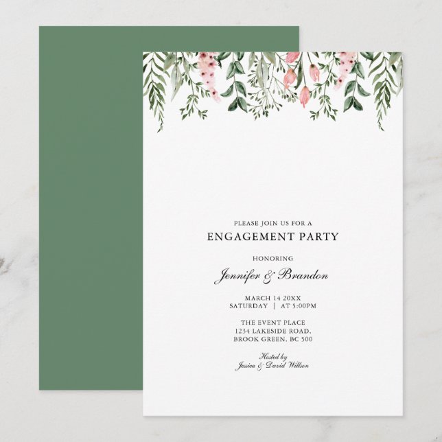 Convite para Festa de noivado Floral de Aquarela (Frente/Verso)