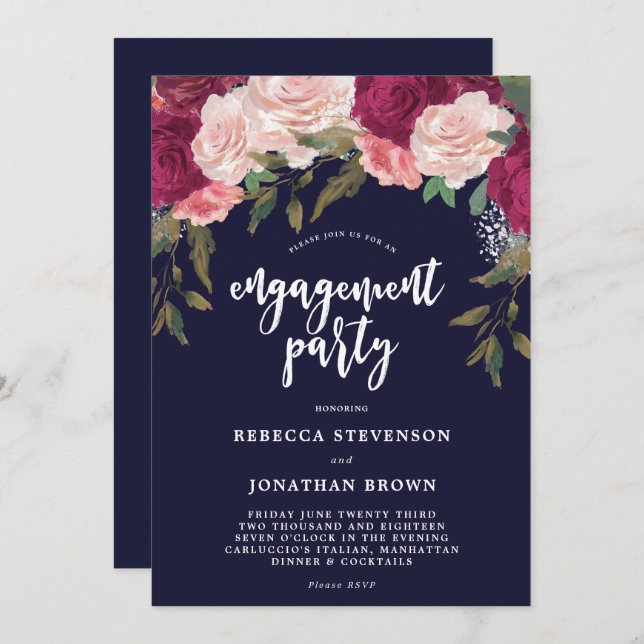 Convite para festa de noivado floral de marinho (Frente/Verso)