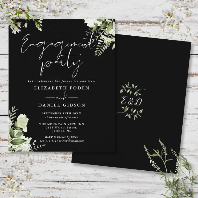 Convite para Festa de noivado Preta Floral de Orça (Budget Floral Black White Engagement Party Invite)