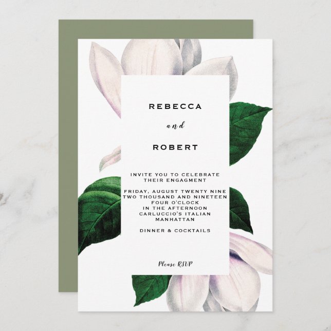 convite para festa de noivado vintage magnolia (Frente/Verso)