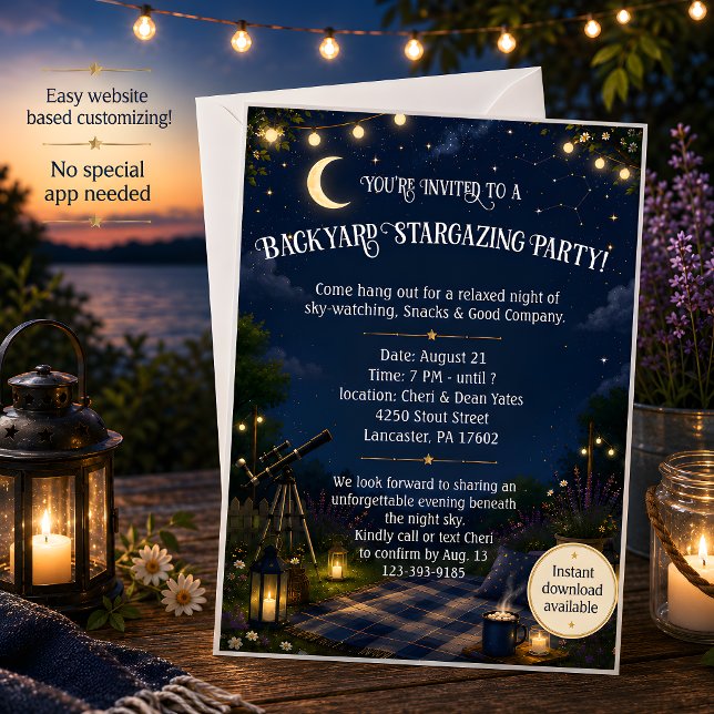 Convite para Festa de Observação de Estrelas no Qu (Backyard Stargazing Party Invitation)