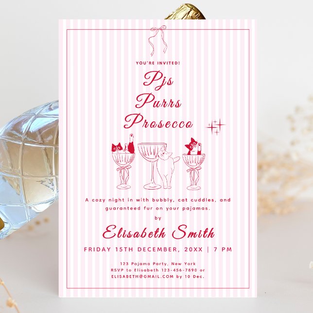 Convite para Festa de Pijamas de Gato 'PJs, Ronron (PJs, Purrs & Prosecco Cat Pajama Party Invitation)