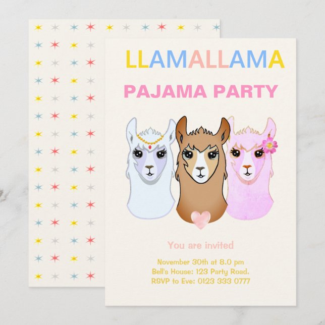 Convite para Festa de Pijamas do Llama (Frente/Verso)