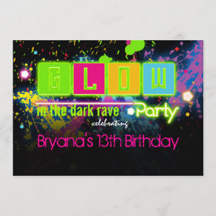 Convite para festa de pintura neon com brilho no e