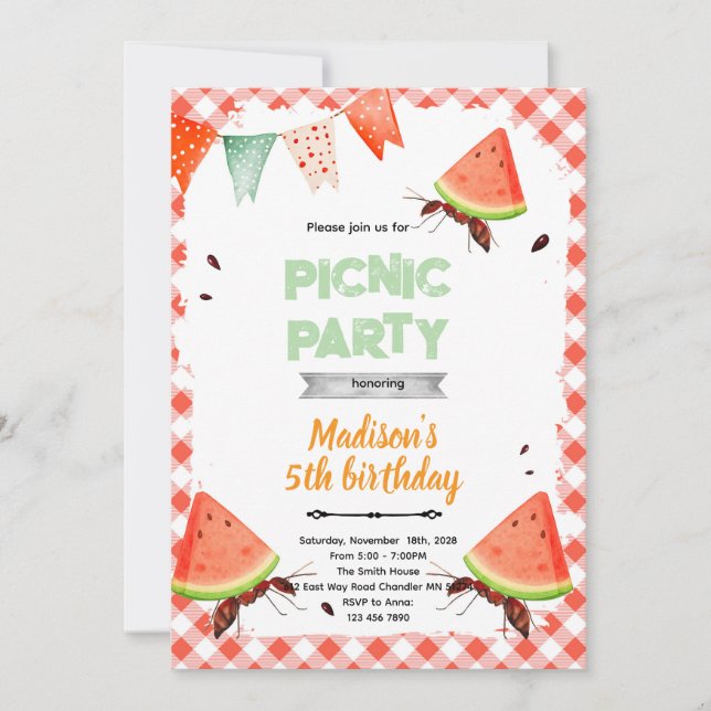 convite para festa de piquenique da formiga da mel (Frente)