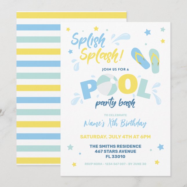 Convite para Festa de Piscina Azul (Frente/Verso)