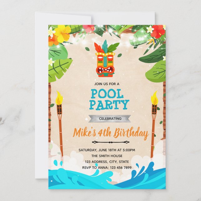 convite para festa de piscina com luau tiki (Frente)