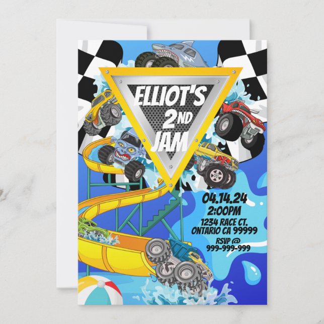 Convite para Festa de Piscina de Camião Monstro (Frente)