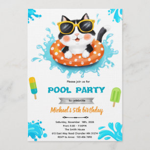 Convite para festa de piscina de gato