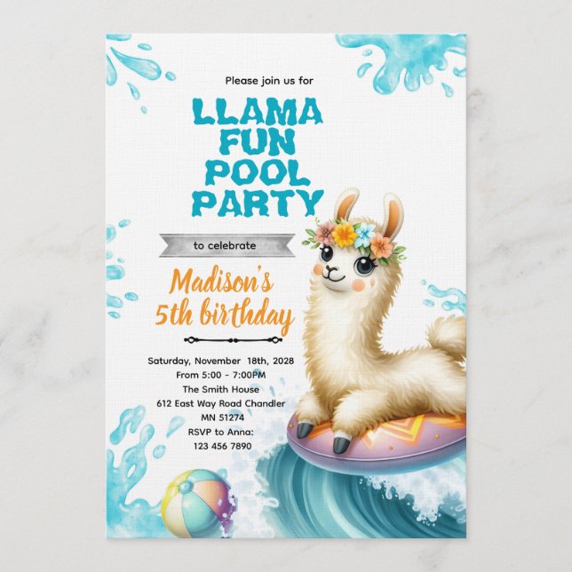 convite para festa de piscina de lhama (Frente)