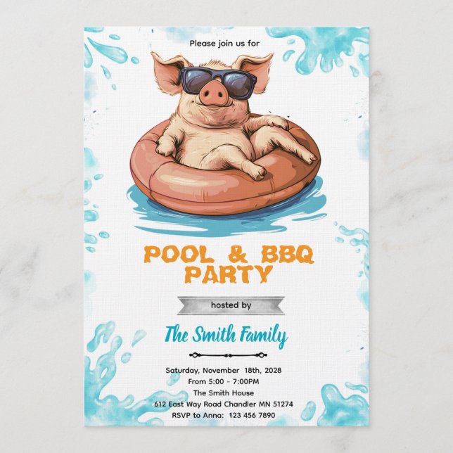 Convite para Festa de Piscina de Porco e Churrasco (Frente)