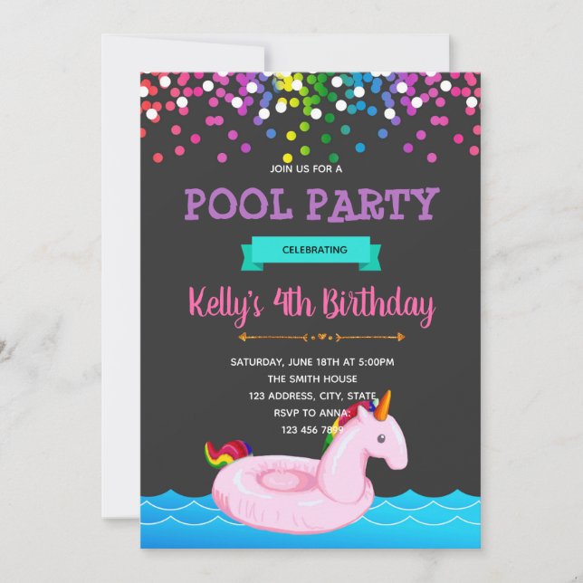convite para festa de piscina de unicórnio (Frente)