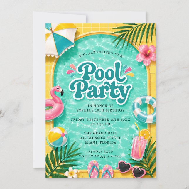 Convite para Festa de Piscina de Verão (Frente)