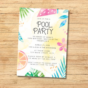 Convite para Festa de Piscina de Verão em Aquarela