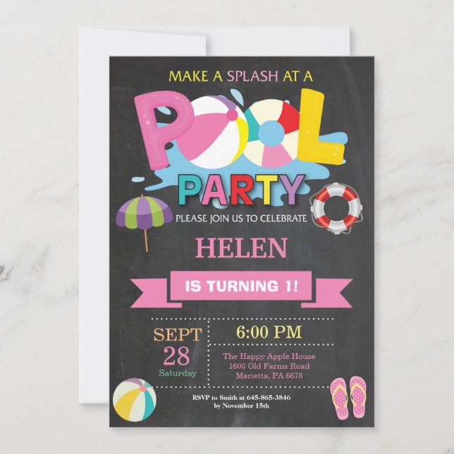Convite para Festa de Piscina de Verão Splish Spla (Frente)