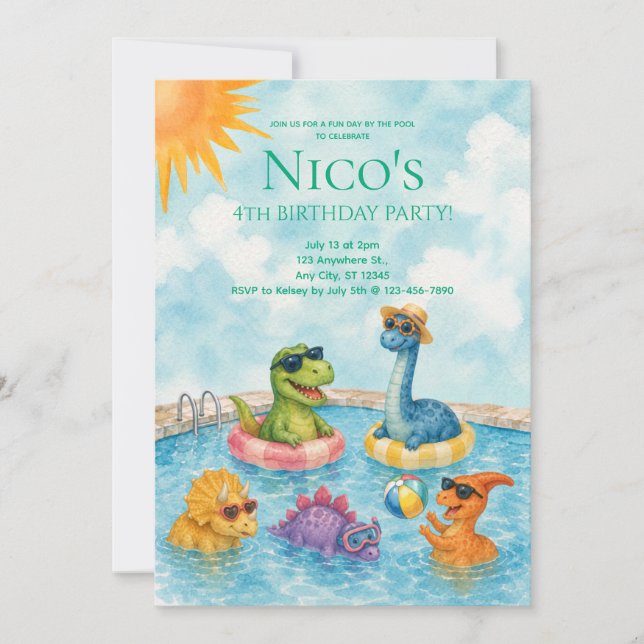 Convite para Festa de Piscina dos Dinossauros (Frente)