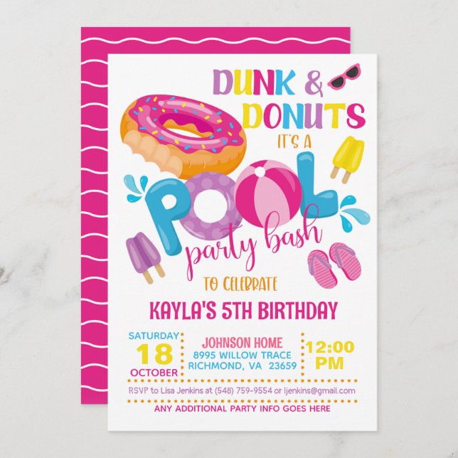 Convite para Festa de Piscina Dunk & Donuts (Frente/Verso)