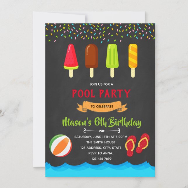 Convite para festa de piscina e sorvete (Frente)