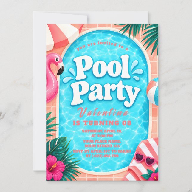 Convite para Festa de Piscina Flamingo Rosa (Frente)