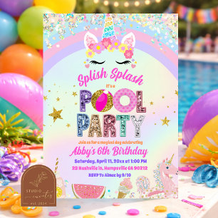 Convite para Festa de Piscina Unicórnio Arco-íris