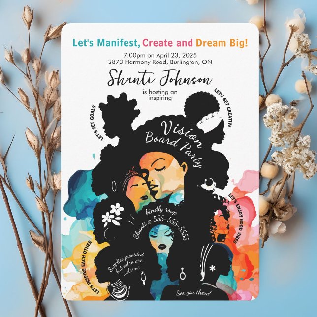 Convite para Festa de Quadro de Visão (Bold, colorful vision board party invitation celebrating unity and empowerment.)