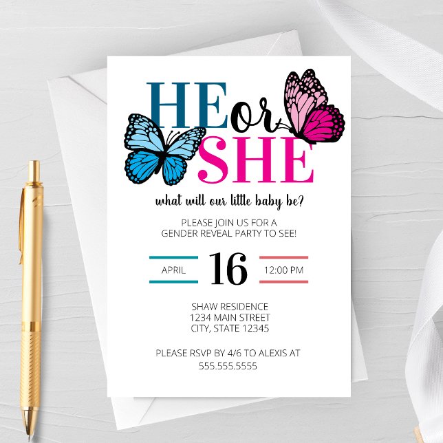 Convite para Festa de Revelação do Sexo da Borbole (He or She Butterfly Garden Spring Gender Reveal Party Invitation)