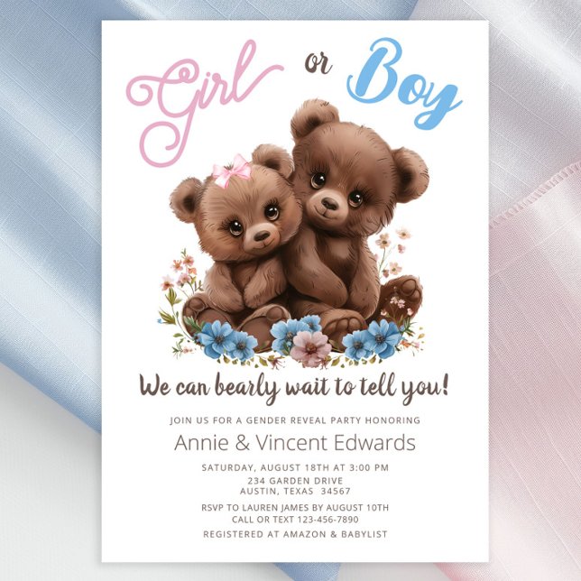 Convite para Festa de Revelação do Sexo dos Filhot (Sweet baby bear cubs with pink and blue flowers gender reveal invitation. Simply add your details.)