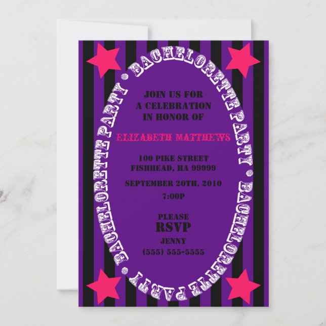 Convite para Festa de solteira de circo roxo e pre (Frente)
