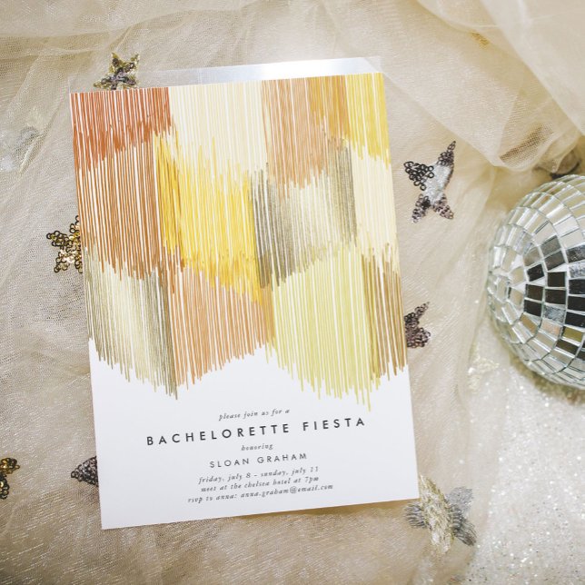 Convite para Festa de solteira de Fringas Modernas (Golden yellow modern fringe bachelorette party invitation.)