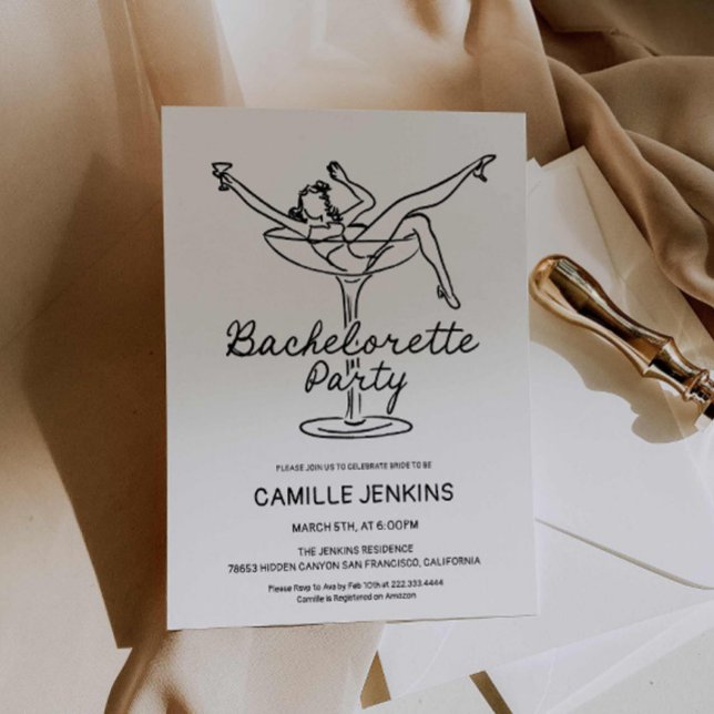 Convite para Festa de solteira Retroativa Desenhad (Retro Minimal Bachelorette Party Invitation)