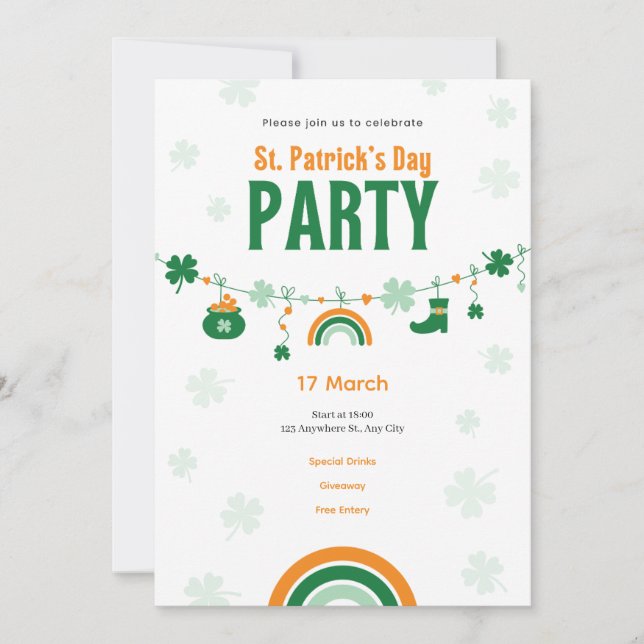 Convite para Festa de St. Patrick em Verde e Laran (Frente)