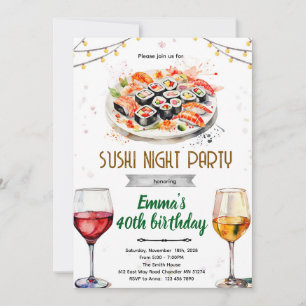 convite para festa de sushi e vinho à noite