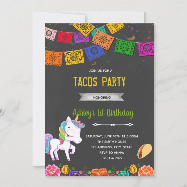 Convite para festa de taco de unicórnio (Frente)