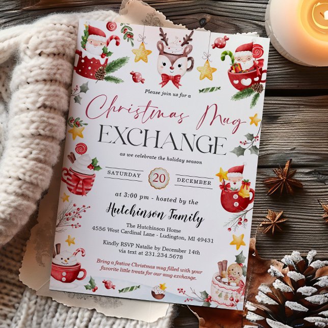 Convite para Festa de Troca de Canecas de Natal (Christmas Mug Gift Exchange Party Invitation)