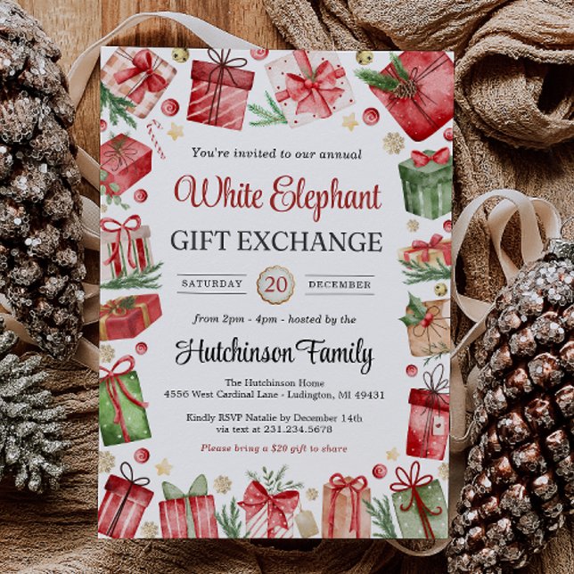 Convite para Festa de Troca de Presentes Elefante  (White Elephant Gift Exchange Party Invitation)