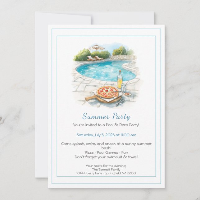 Convite para Festa de Verão com Piscina e Pizza (Frente)