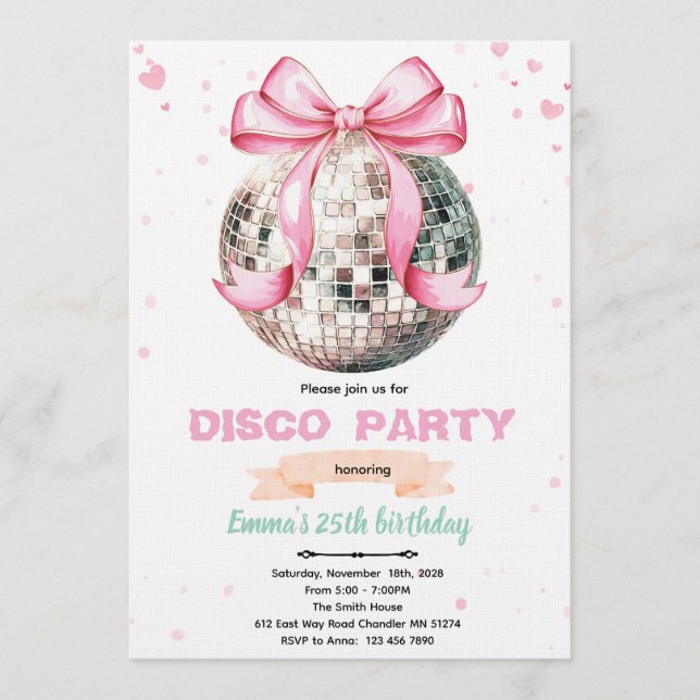 Convite para Festa Disco com Laço Coquette (Frente)