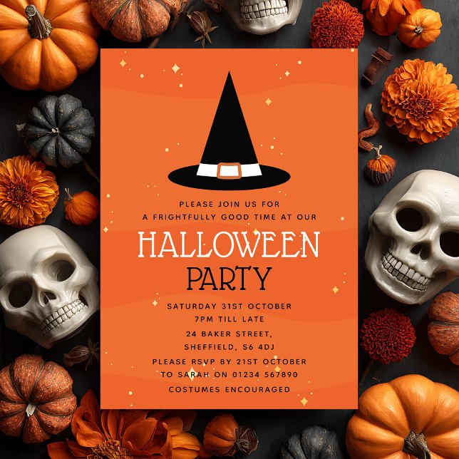 Convite para festa do Dia das Bruxas - Chapéu das  (Join us for a wicked good time 🕸️ Celebrate Halloween in style with this fun witches hat invite!)
