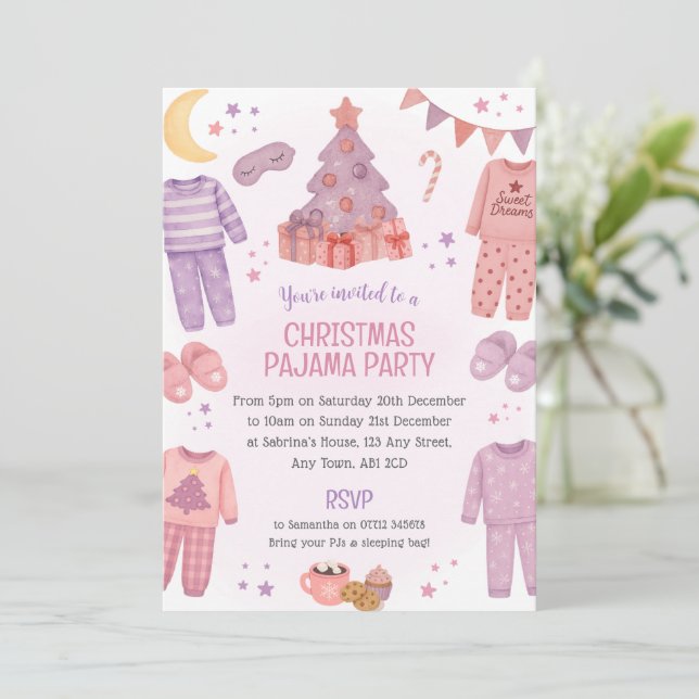 Convite para Festa do Sono de Natal com Pijama Ros (Em pé/Frente)