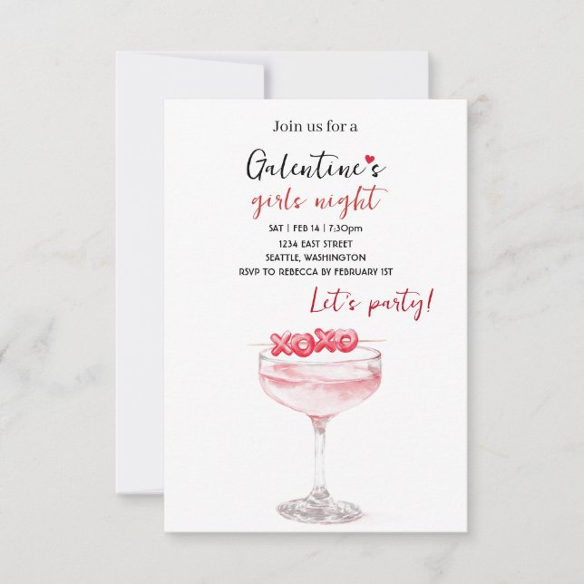 Convite para Festa Galentines | Coquetel Rosa (Frente)