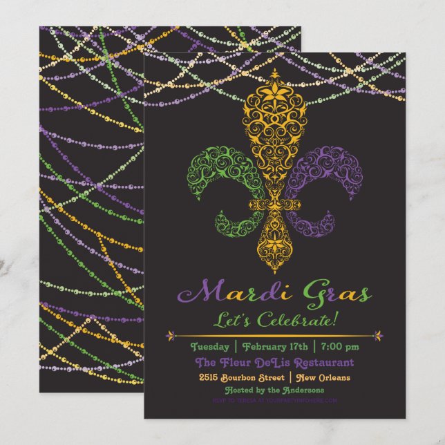 Convite para Festa Mardi Gras Fleur DeLis em Preto (Frente/Verso)