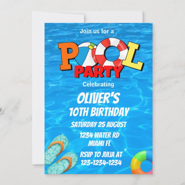 Convite para festa na piscina, festa de verão (Frente)