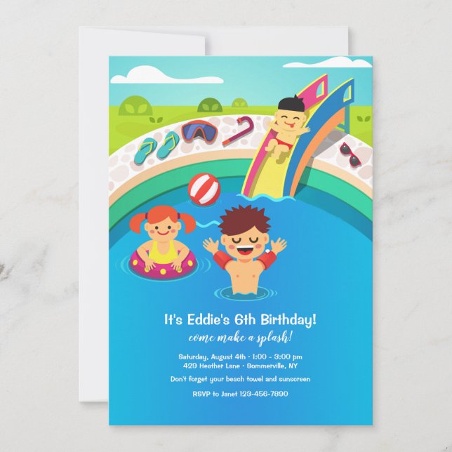 Convite para Festa na Piscina para Crianças (Frente)