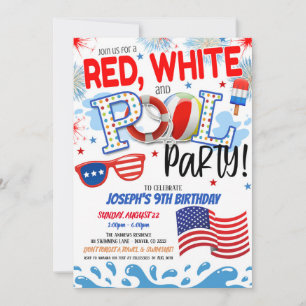 Convite para Festa na Piscina Vermelho Branco e Az