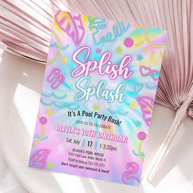 Convite para Festa Neon na Piscina, Brilho Tropica (Neon Tropical Pool Party Invitation)