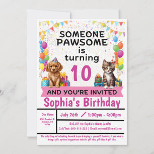 Convite para Festa Pawesome; Gatinhos e Cachorrinh